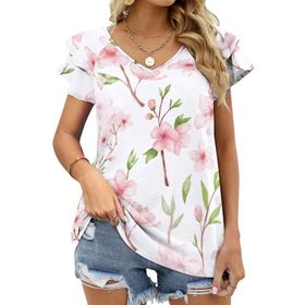AILLOSA YH-388 Tamamı Baskılı Fırfırlı Kısa Kollu V Yakalı Kadın T-shirt