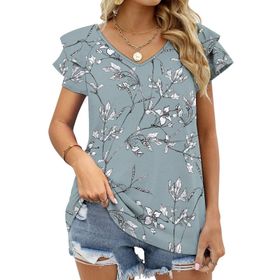 AILLOSA YH-389 Tamamı Baskılı Fırfırlı Kısa Kollu V Yakalı Kadın T-shirt