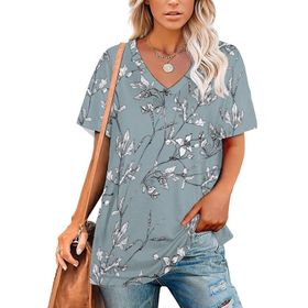 AILLOSA YH-389 Tamamı Baskılı V Yaka Kısa Kollu Kadın T-Shirt