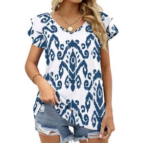 AILLOSA YH-39 Tamamı Baskılı Fırfırlı Kısa Kollu V Yakalı Kadın T-shirt