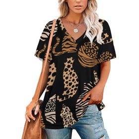 AILLOSA YH-392 Tamamı Baskılı V Yaka Kısa Kollu Kadın T-Shirt