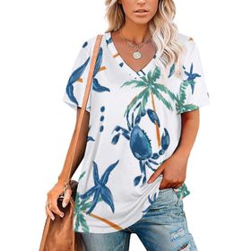 AILLOSA YH-394 Tamamı Baskılı V Yaka Kısa Kollu Kadın T-Shirt