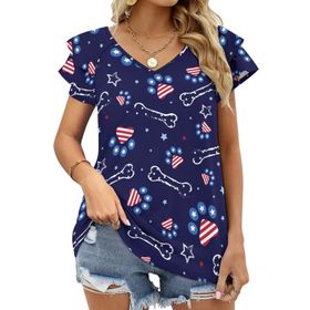AILLOSA YH-397 Tamamı Baskılı Fırfırlı Kısa Kollu V Yakalı Kadın T-shirt
