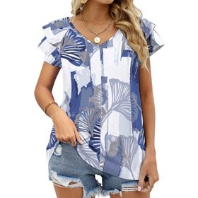 AILLOSA YH-398 Tamamı Baskılı Fırfırlı Kısa Kollu V Yakalı Kadın T-shirt