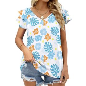 AILLOSA YH-404 Tamamı Baskılı Fırfırlı Kısa Kollu V Yakalı Kadın T-shirt