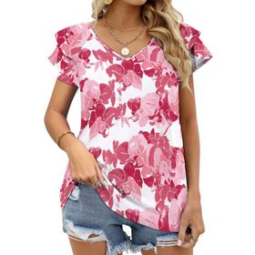 AILLOSA YH-405 Tamamı Baskılı Fırfırlı Kısa Kollu V Yakalı Kadın T-shirt