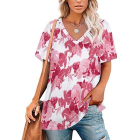 AILLOSA YH-405 Tamamı Baskılı V Yaka Kısa Kollu Kadın T-Shirt