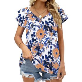 AILLOSA YH-406 Tamamı Baskılı Fırfırlı Kısa Kollu V Yakalı Kadın T-shirt