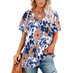 AILLOSA YH-406 Tamamı Baskılı V Yaka Kısa Kollu Kadın T-Shirt