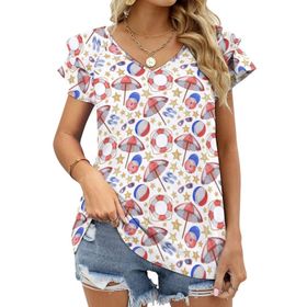 AILLOSA YH-408 Tamamı Baskılı Fırfırlı Kısa Kollu V Yakalı Kadın T-shirt