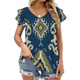 AILLOSA YH-41 Tamamı Baskılı Fırfırlı Kısa Kollu V Yakalı Kadın T-shirt