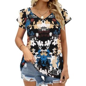 AILLOSA YH-410 Tamamı Baskılı Fırfırlı Kısa Kollu V Yakalı Kadın T-shirt