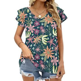 AILLOSA YH-413 Tamamı Baskılı Fırfırlı Kısa Kollu V Yakalı Kadın T-shirt