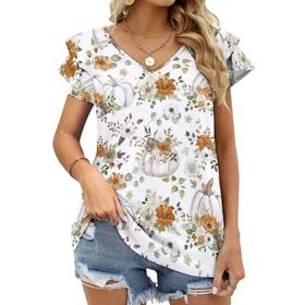 AILLOSA YH-414 Tamamı Baskılı Fırfırlı Kısa Kollu V Yakalı Kadın T-shirt