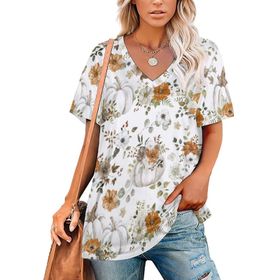 AILLOSA YH-414 Tamamı Baskılı V Yaka Kısa Kollu Kadın T-Shirt