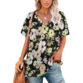 AILLOSA YH-415 Tamamı Baskılı V Yaka Kısa Kollu Kadın T-Shirt