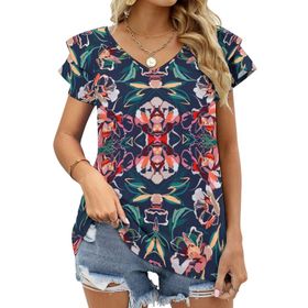 AILLOSA YH-416 Tamamı Baskılı Fırfırlı Kısa Kollu V Yakalı Kadın T-shirt