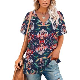 AILLOSA YH-416 Tamamı Baskılı V Yaka Kısa Kollu Kadın T-Shirt