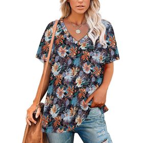 AILLOSA YH-417 Tamamı Baskılı V Yaka Kısa Kollu Kadın T-Shirt