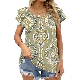AILLOSA YH-42 Tamamı Baskılı Fırfırlı Kısa Kollu V Yakalı Kadın T-shirt