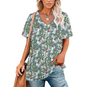 AILLOSA YH-420 Tamamı Baskılı V Yaka Kısa Kollu Kadın T-Shirt