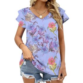 AILLOSA YH-421 Tamamı Baskılı Fırfırlı Kısa Kollu V Yakalı Kadın T-shirt