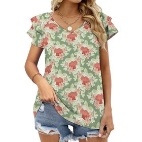 AILLOSA YH-422 Tamamı Baskılı Fırfırlı Kısa Kollu V Yakalı Kadın T-shirt