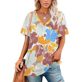 AILLOSA YH-424 Tamamı Baskılı V Yaka Kısa Kollu Kadın T-Shirt