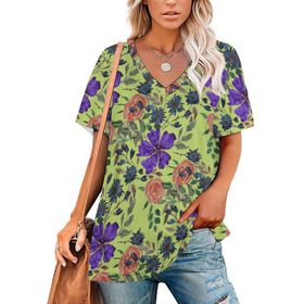 AILLOSA YH-425 Tamamı Baskılı V Yaka Kısa Kollu Kadın T-Shirt