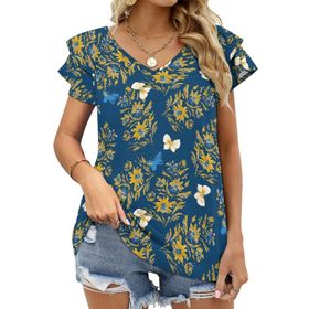 AILLOSA YH-426 Tamamı Baskılı Fırfırlı Kısa Kollu V Yakalı Kadın T-shirt
