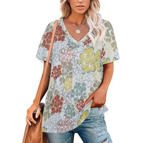 AILLOSA YH-427 Tamamı Baskılı V Yaka Kısa Kollu Kadın T-Shirt
