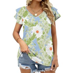 AILLOSA YH-428 Tamamı Baskılı Fırfırlı Kısa Kollu V Yakalı Kadın T-shirt