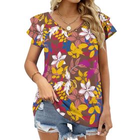 AILLOSA YH-429 Tamamı Baskılı Fırfırlı Kısa Kollu V Yakalı Kadın T-shirt