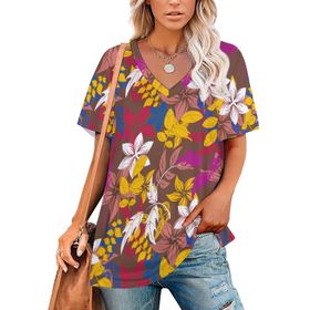 AILLOSA YH-429 Tamamı Baskılı V Yaka Kısa Kollu Kadın T-Shirt