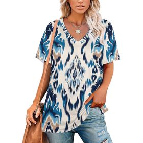 AILLOSA YH-43 Tamamı Baskılı V Yaka Kısa Kollu Kadın T-Shirt