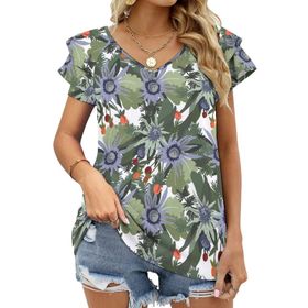AILLOSA YH-431 Tamamı Baskılı Fırfırlı Kısa Kollu V Yakalı Kadın T-shirt