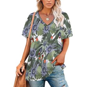 AILLOSA YH-431 Tamamı Baskılı V Yaka Kısa Kollu Kadın T-Shirt