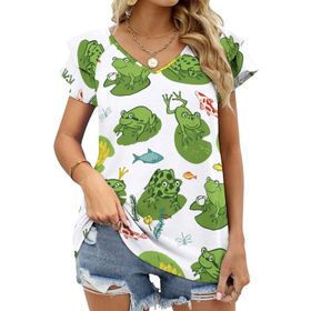 AILLOSA YH-432 Tamamı Baskılı Fırfırlı Kısa Kollu V Yakalı Kadın T-shirt
