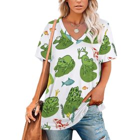 AILLOSA YH-432 Tamamı Baskılı V Yaka Kısa Kollu Kadın T-Shirt