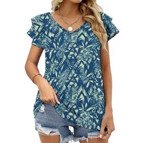 AILLOSA YH-433 Tamamı Baskılı Fırfırlı Kısa Kollu V Yakalı Kadın T-shirt
