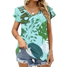 AILLOSA YH-435 Tamamı Baskılı Fırfırlı Kısa Kollu V Yakalı Kadın T-shirt
