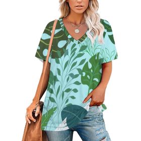 AILLOSA YH-435 Tamamı Baskılı V Yaka Kısa Kollu Kadın T-Shirt