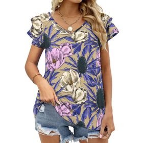 AILLOSA YH-436 Tamamı Baskılı Fırfırlı Kısa Kollu V Yakalı Kadın T-shirt