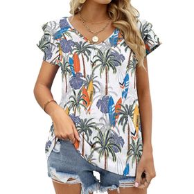 AILLOSA YH-437 Tamamı Baskılı Fırfırlı Kısa Kollu V Yakalı Kadın T-shirt