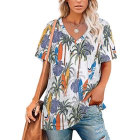 AILLOSA YH-437 Tamamı Baskılı V Yaka Kısa Kollu Kadın T-Shirt