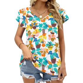 AILLOSA YH-438 Tamamı Baskılı Fırfırlı Kısa Kollu V Yakalı Kadın T-shirt