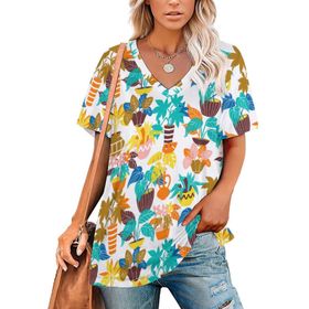AILLOSA YH-438 Tamamı Baskılı V Yaka Kısa Kollu Kadın T-Shirt
