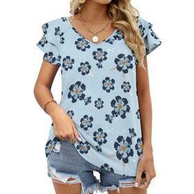 AILLOSA YH-439 Tamamı Baskılı Fırfırlı Kısa Kollu V Yakalı Kadın T-shirt