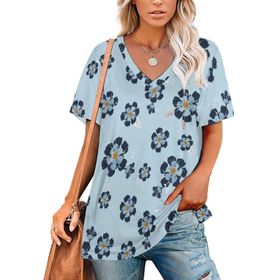 AILLOSA YH-439 Tamamı Baskılı V Yaka Kısa Kollu Kadın T-Shirt