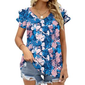 AILLOSA YH-441 Tamamı Baskılı Fırfırlı Kısa Kollu V Yakalı Kadın T-shirt